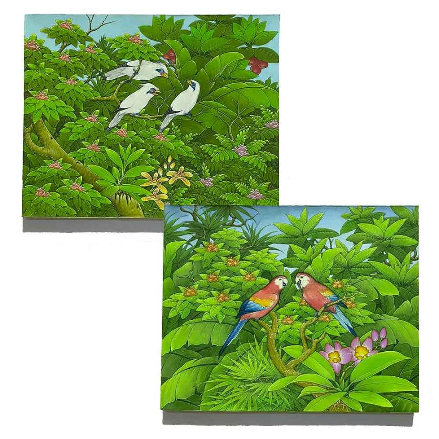 バリ絵画 鳥の絵 白い鳥 赤い鳥 2柄 W50×H40cm 花鳥風月 絵画 アート