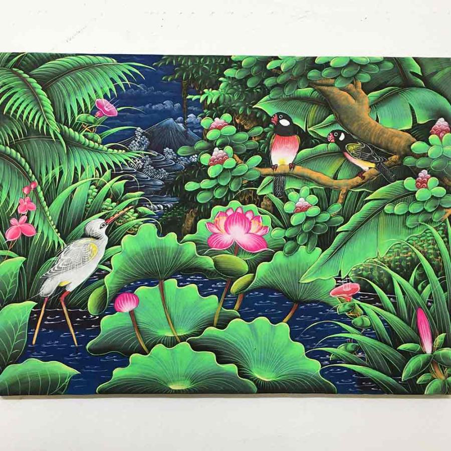 バリ絵画 鳥の絵  W80×H60cm 花鳥風月 絵画 アートパネル 緑 バリ雑貨 ブンゴセカン 癒し｜kupukupu｜02