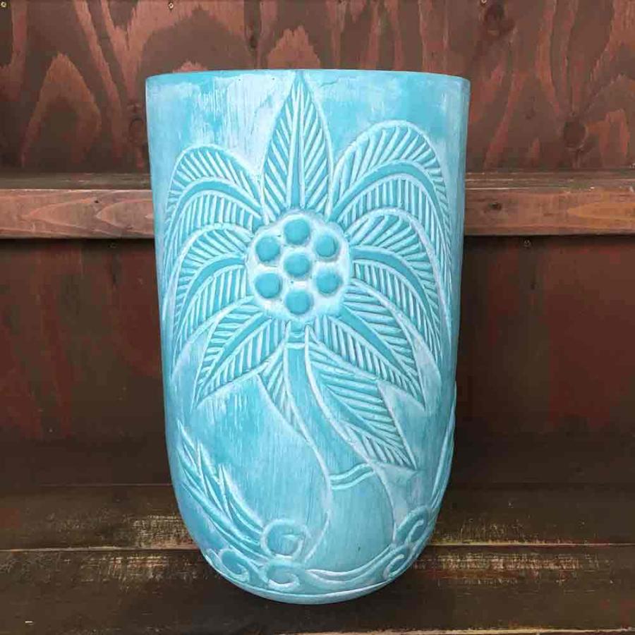 木製 ポット ラウンド型 ブルー フラワーベース 花瓶 造花 ごみ箱
