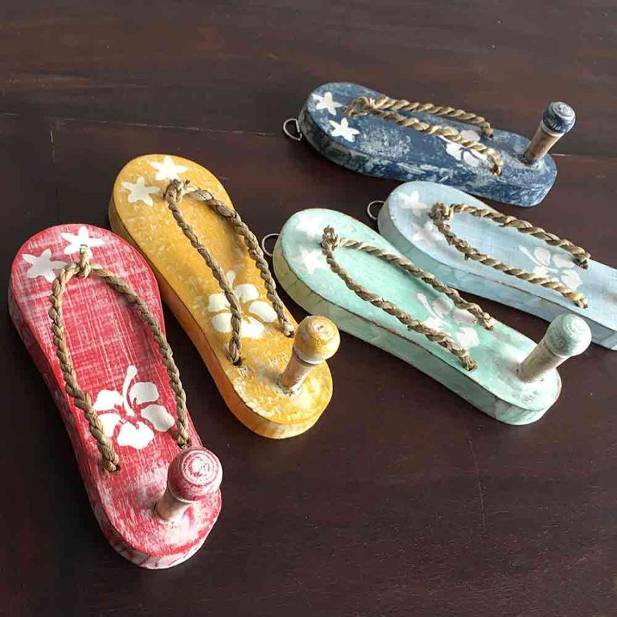木製 壁掛け ハンガー フック サンダル形 花柄 5色 かわいい