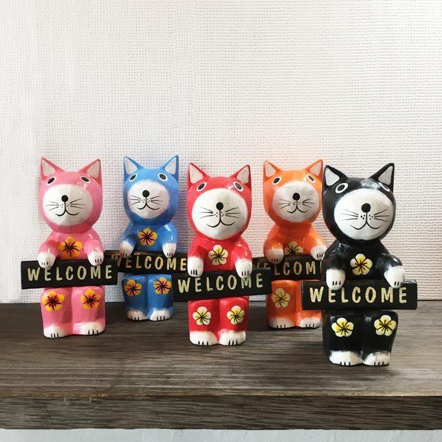 バリネコ WELCOMEサインボード 木製 オブジェ 5色 ネコの置き物 木彫り