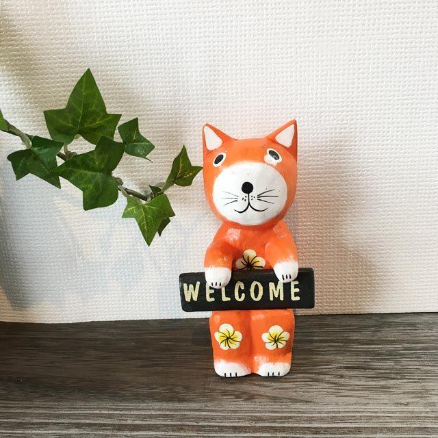 バリネコ WELCOMEサインボード 木製 オブジェ 5色 ネコの置き物 木彫り