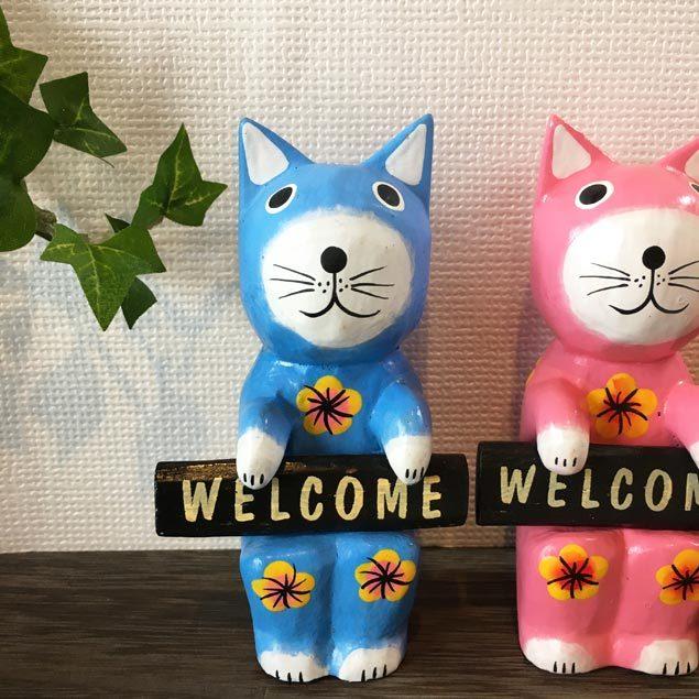 バリネコ WELCOMEサインボード 木製 オブジェ 5色 ネコの置き物 木彫り