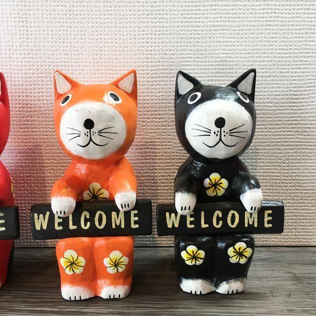 バリネコ WELCOMEサインボード 木製 オブジェ 5色 ネコの置き物 木彫り