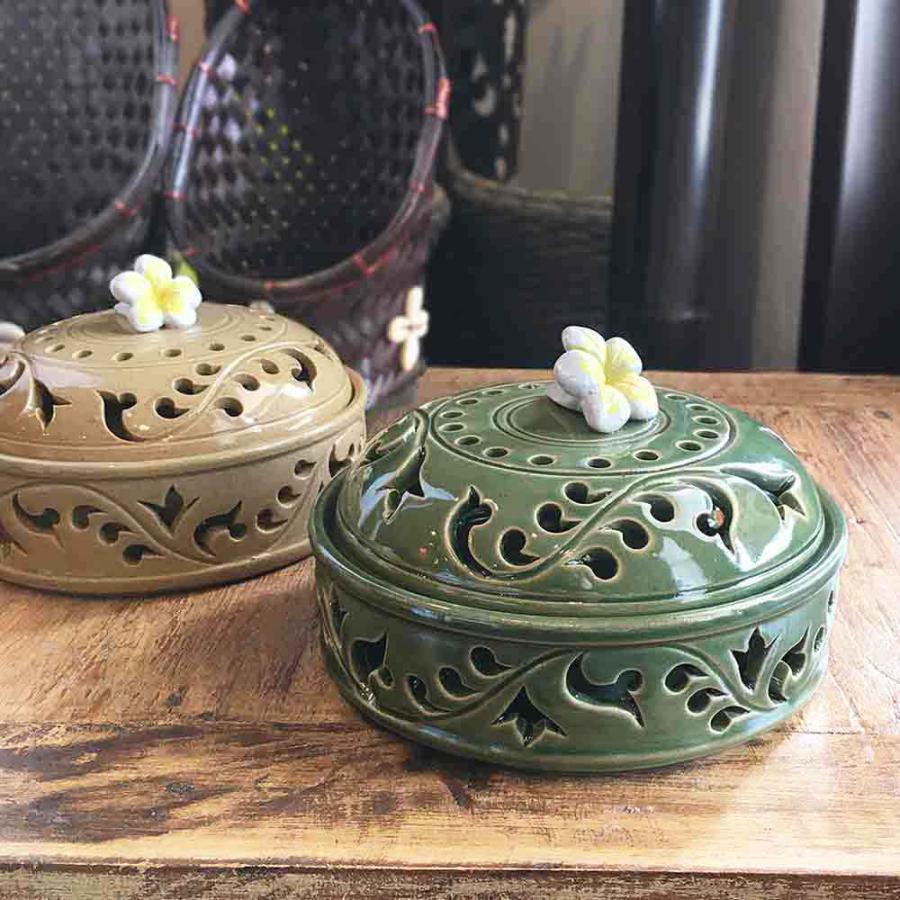 お香立て＆蚊取り線香ホルダー 2色 プルメリア 陶器 おしゃれ バリ