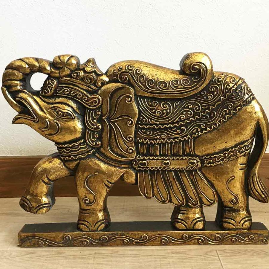 象のスタンドオブジェ 木製 置物 金 ゴールド W40cm ゾウ 象 ぞう