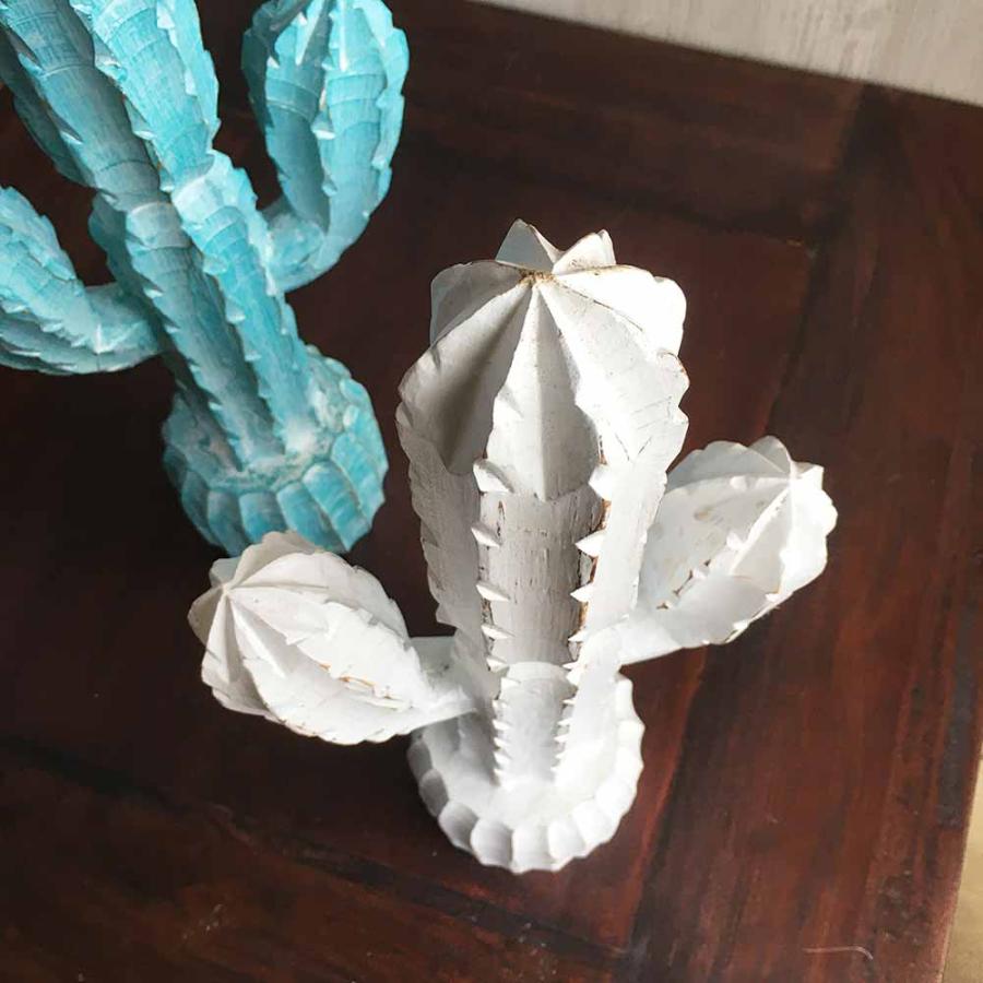 木製 スタンド オブジェ サボテン Mサイズ ホワイト ブルー 2色 木彫り