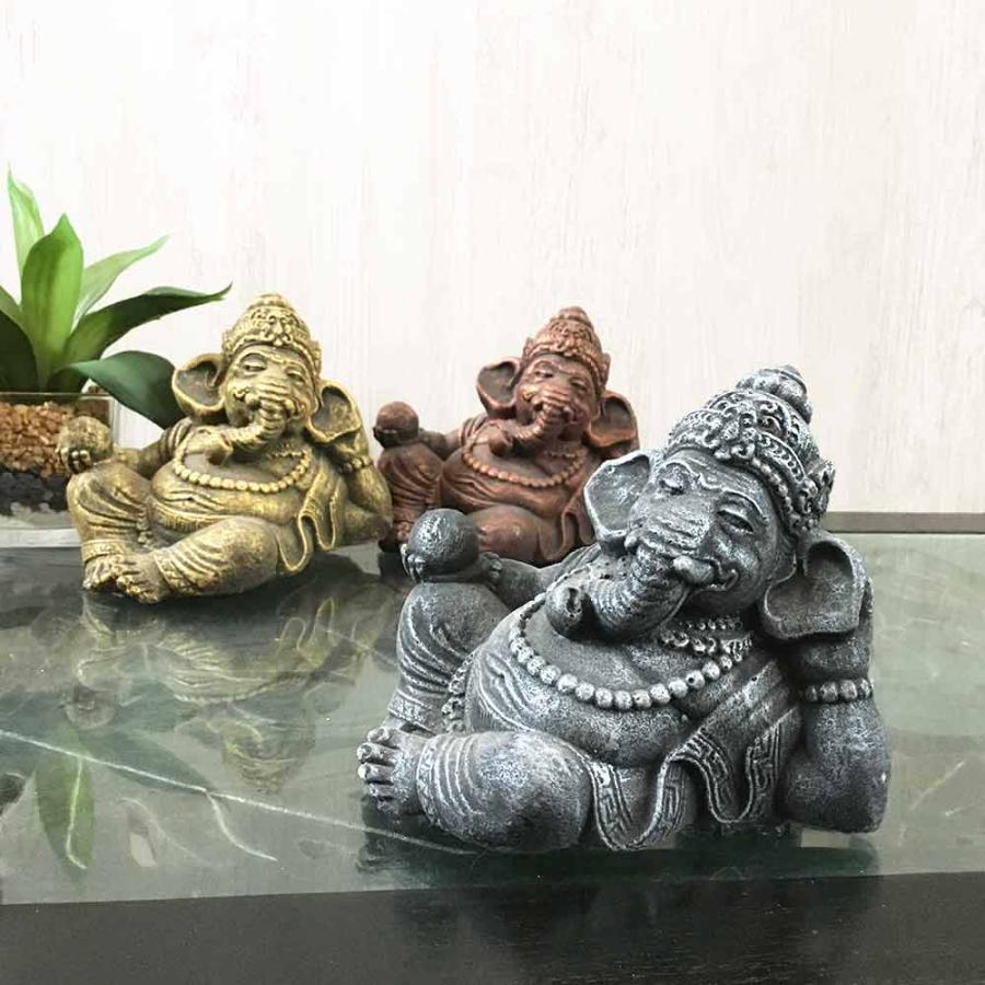 訳あり アジアン雑貨 バリ雑貨 ガネーシャ 3セット 石彫 置物 守神 象 ガネーシャ 石像 ミニ 寝そべり 3色 H13cm 金 ゴールド グレー