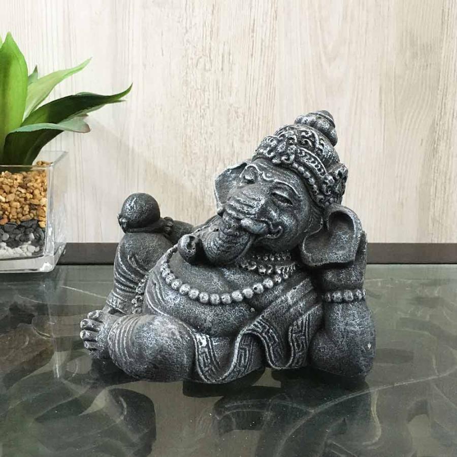ガネーシャ 石像 ミニ 寝そべり 3色 H13cm 金 ゴールド グレー