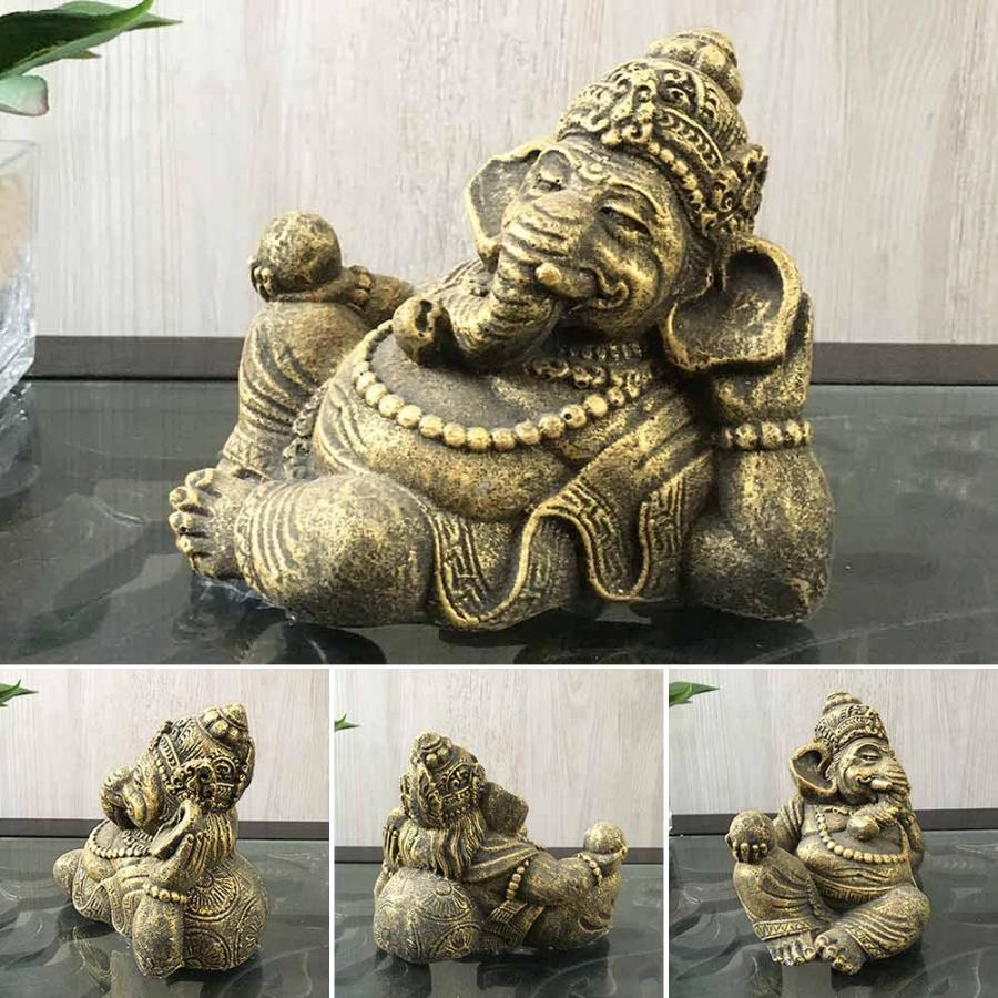ガネーシャ 石像 ミニ 寝そべり 3色 H13cm 金 ゴールド グレー