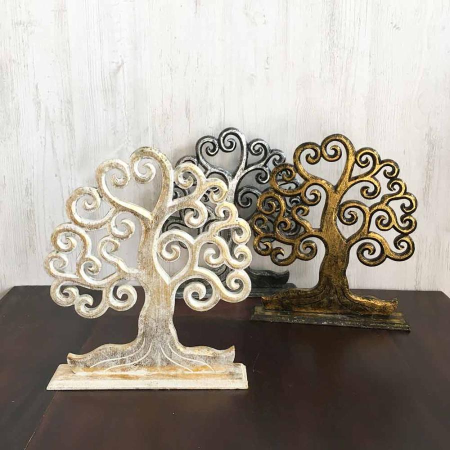 木製 ツリー 幸福の木 ウッド オブジェ 大小セット ホワイト ゴールド