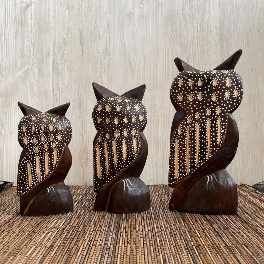 木彫り フクロウ3体セット インテリア 置き物 木製オブジェ アジアン