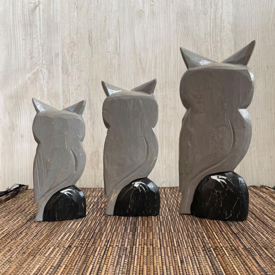 木彫り フクロウ3体セット インテリア 置き物 木製オブジェ アジアン
