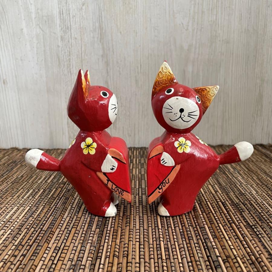 アジアン雑貨 木製 バリネコ ハート オブジェ ペア 2体 セット 可愛い