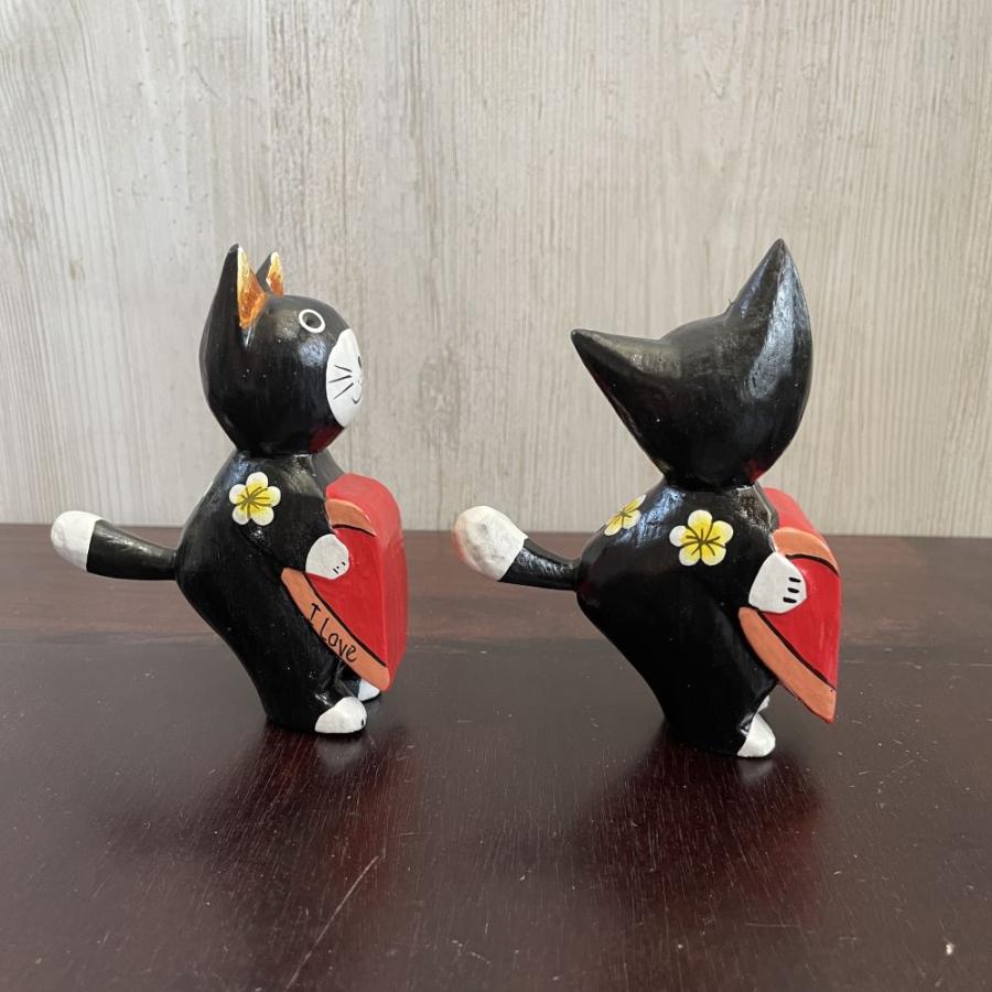 アジアン雑貨 木製 バリネコ ハート オブジェ ペア 2体 セット 可愛い