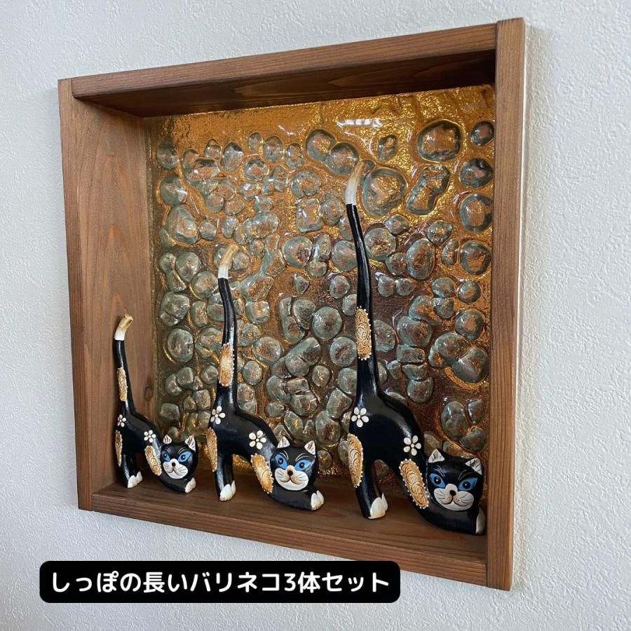 木製 猫彫刻セット バリ島 3体 大型 招福 招き猫 木製 三体+子供猫
