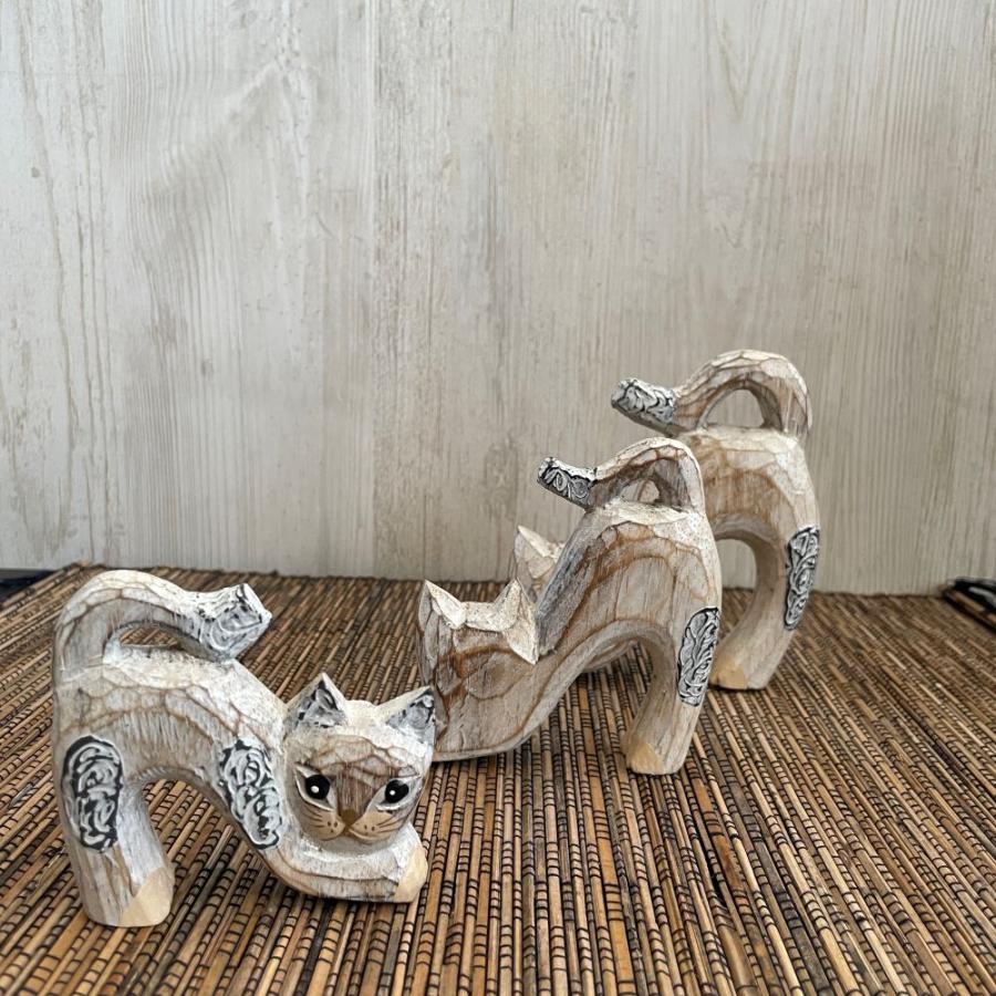 木彫り ネコ3体セット インテリア 置き物 木製オブジェ アジアン バリ