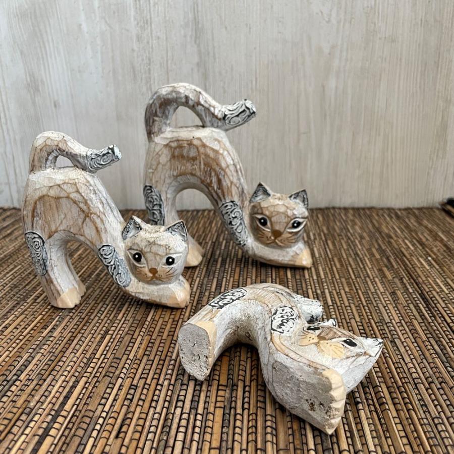 木彫り ネコ3体セット インテリア 置き物 木製オブジェ アジアン バリ