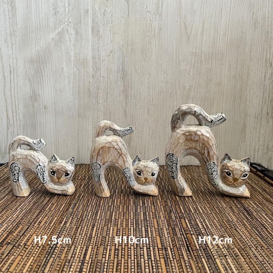木彫り ネコ3体セット インテリア 置き物 木製オブジェ アジアン バリ
