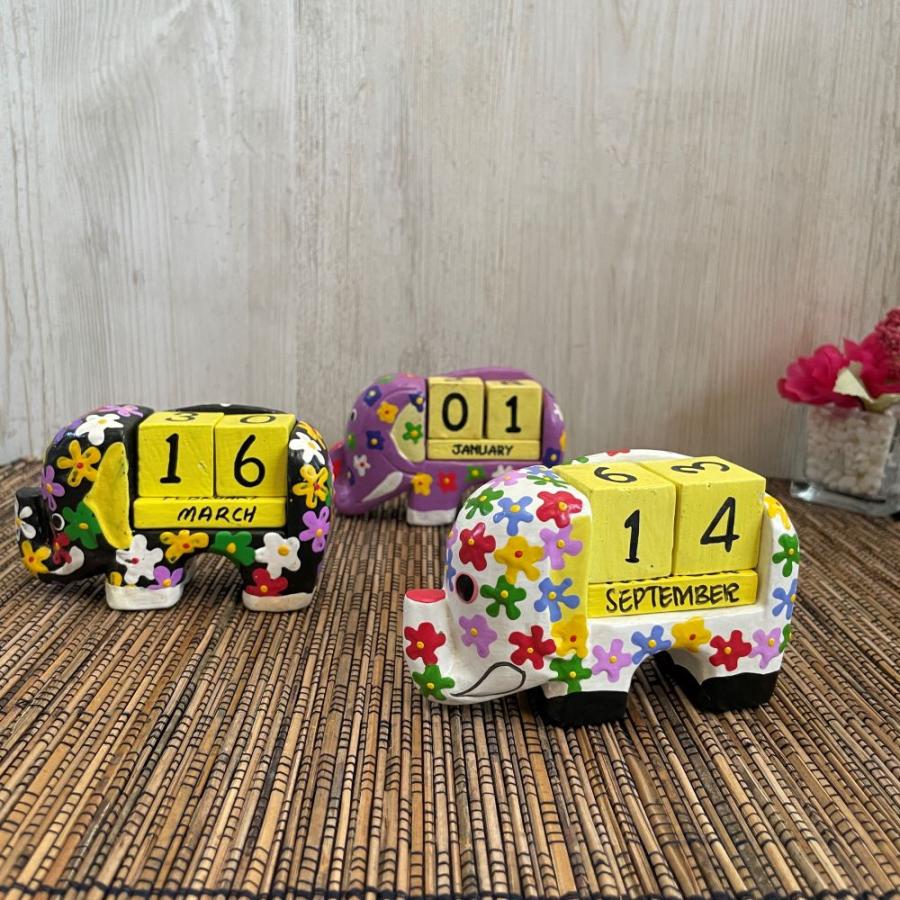 象 ゾウ 花柄 サイコロカレンダー 3色 白 ホワイト 黄色 イエロー
