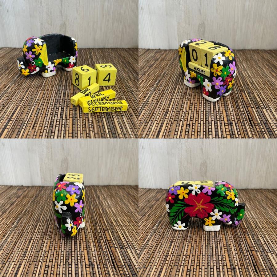 象 ゾウ 花柄 サイコロカレンダー 3色 白 ホワイト 黄色 イエロー