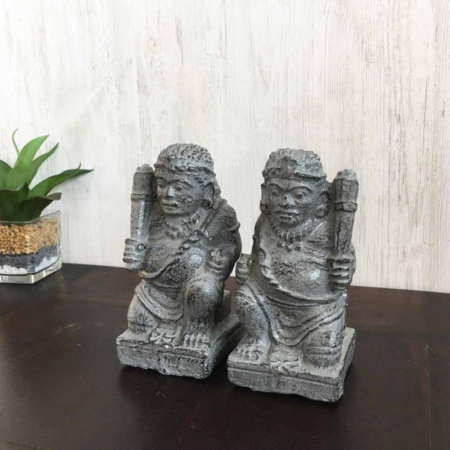 バリ風アンティーク置物 3点セット バリ島 ミニ 石像 ペア H18cm 卓上 置き物 セット オブジェ ミニチュア