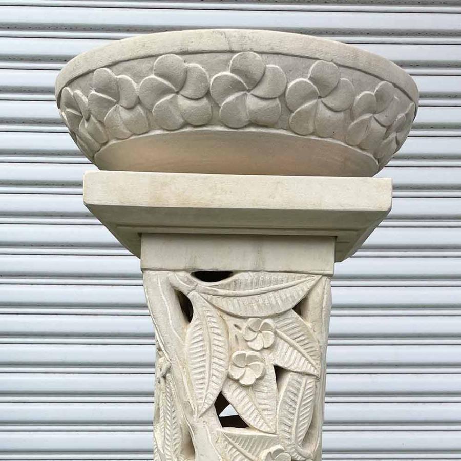 バリ島製 石台 プルメリア柄ボウル オブジェ 角柱 スクリュー H80cm