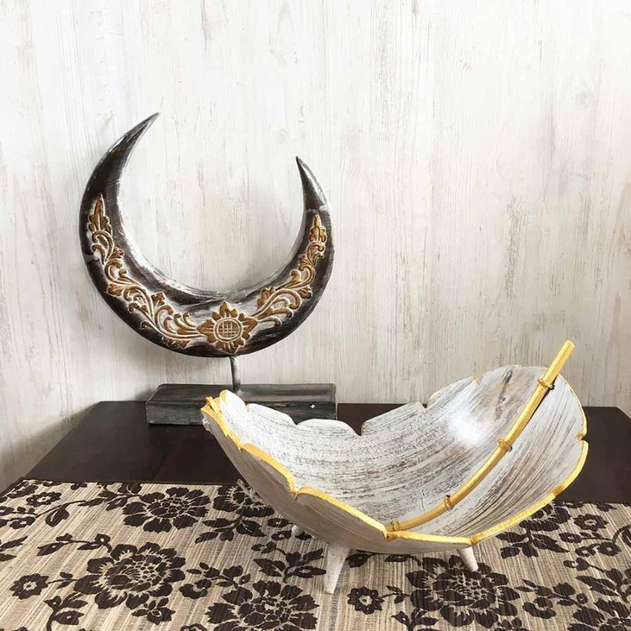 高級インテリア小物 デイスプレープレートアンティーク 木製 象牙椰子 美品 アジアン雑貨 ココナッツリーフトレイ ワイド 脚付き トレイ ホワイト