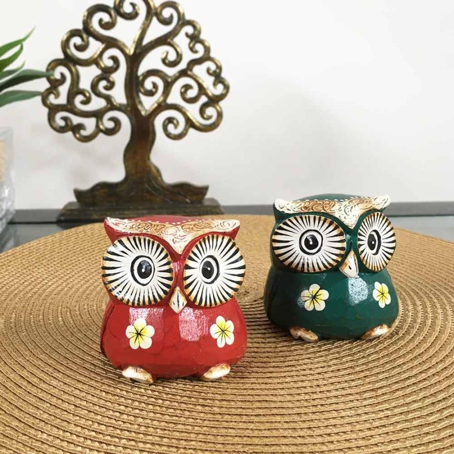 木彫り フクロウ 赤 レッド 緑 グリーン インテリア 置き物 木製