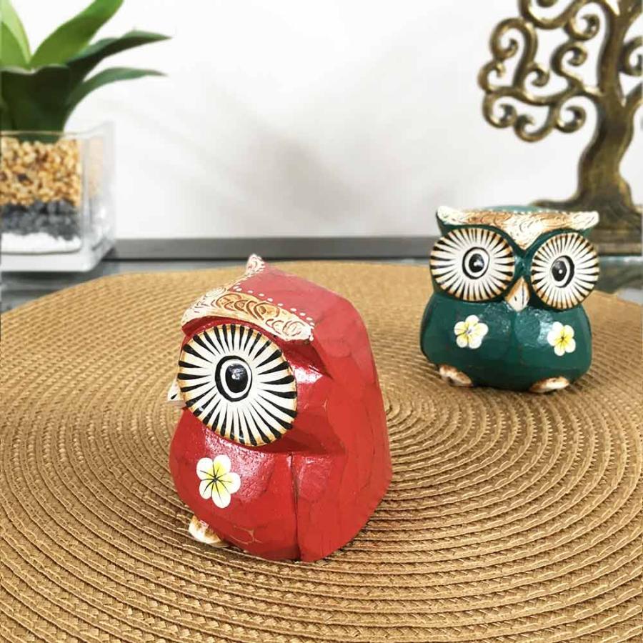 木彫り フクロウ 赤 レッド 緑 グリーン インテリア 置き物 木製