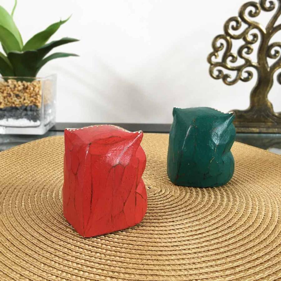 木彫り フクロウ 赤 レッド 緑 グリーン インテリア 置き物 木製