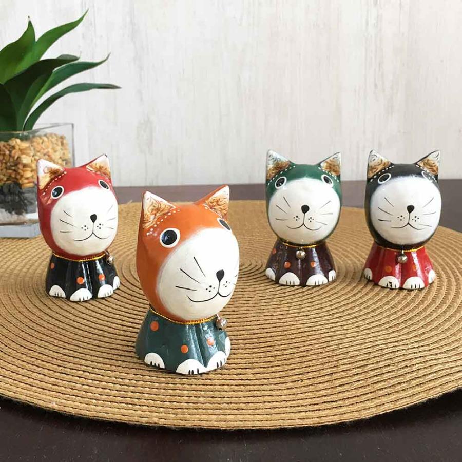 木製 バリネコ オブジェ ネコの置き物 4色 木彫り ネコのオブジェ 猫