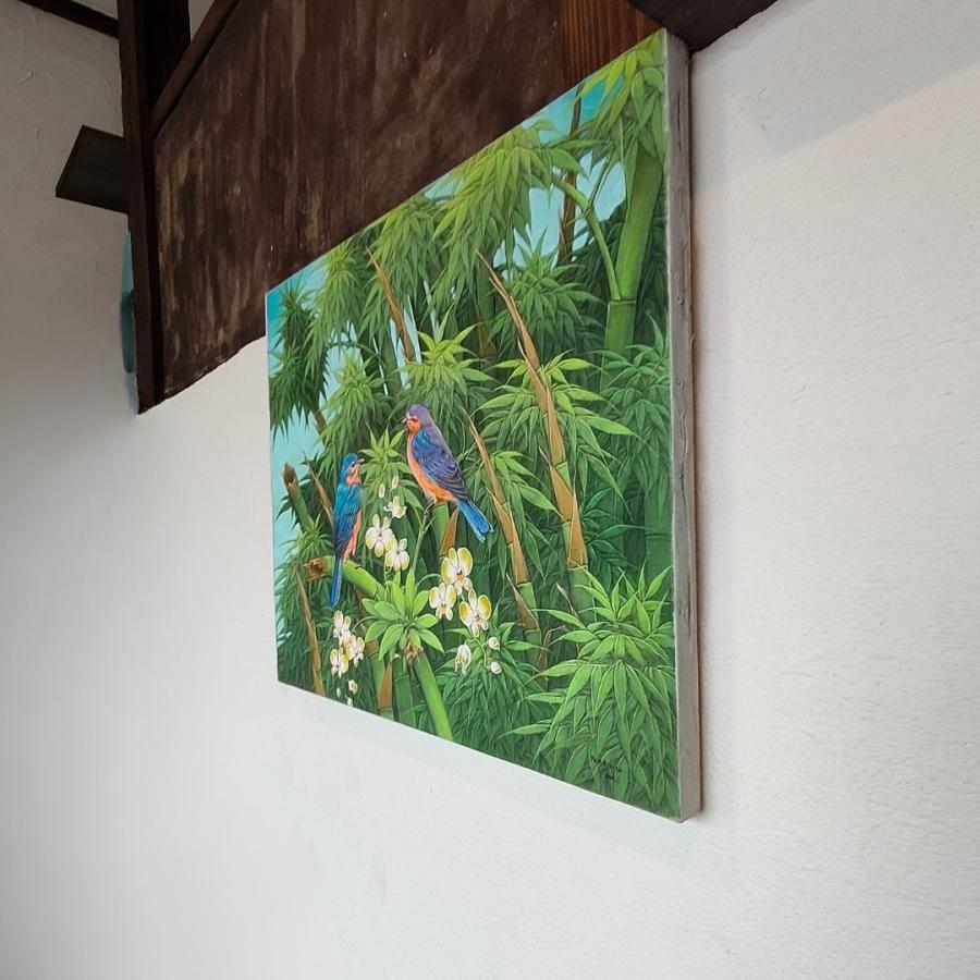 バリ絵画 鳥の絵 2羽 小鳥 花の絵 フラワー W40×H50cm ブンゴセカン
