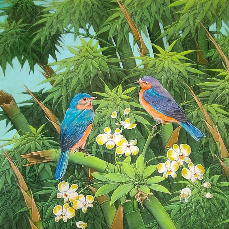 鳥と植物の風景画　鳥　オウム　森林　ハワイ　絵画　緑　バリ　花　南国　絵　小鳥 バリ絵画 鳥の絵 2羽 小鳥 花の絵 フラワー W40×H50cm ブンゴセカン