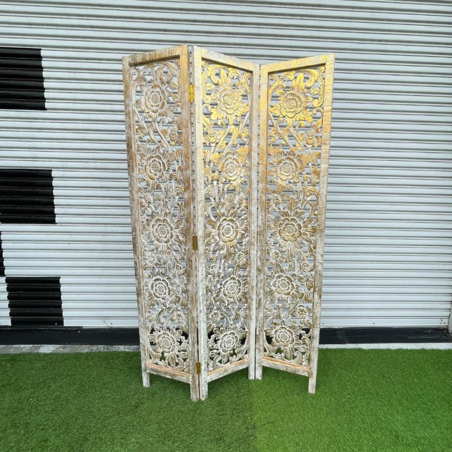 アジアン家具 アンティーク 木彫り パーテーション 衝立 3連 間仕切り パーテーション 衝立 3連 フラワー柄 ゴールド ブラウン H170cm