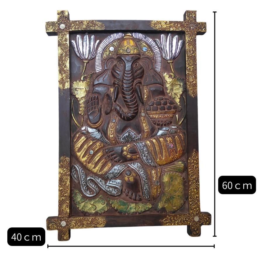 木製 レリーフ ガネーシャ 彫刻 パネル 40×60cm ブラック ブラウン