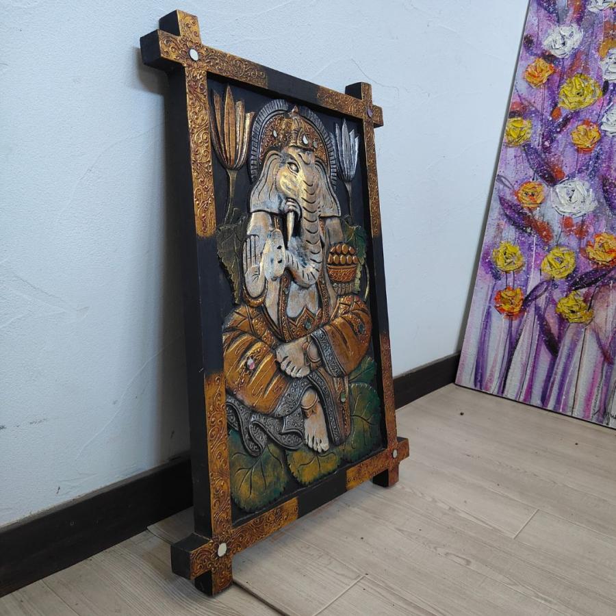 木製 レリーフ ガネーシャ 彫刻 パネル 40×60cm ブラック ブラウン