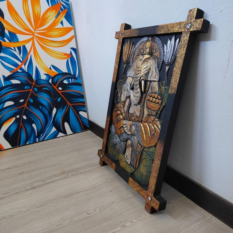 木製 レリーフ ガネーシャ 彫刻 パネル 40×60cm ブラック ブラウン