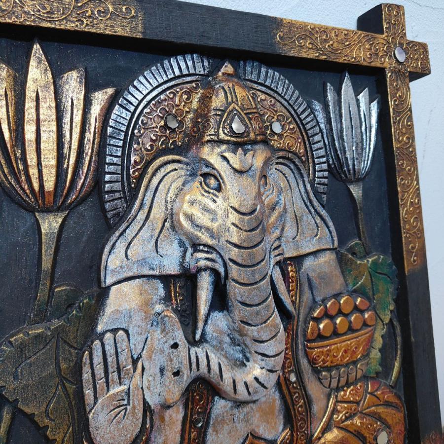 木製 レリーフ ガネーシャ 彫刻 パネル 40×60cm ブラック ブラウン