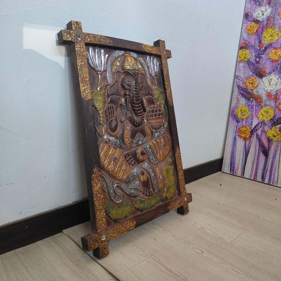 木製 レリーフ ガネーシャ 彫刻 パネル 40×60cm ブラック ブラウン