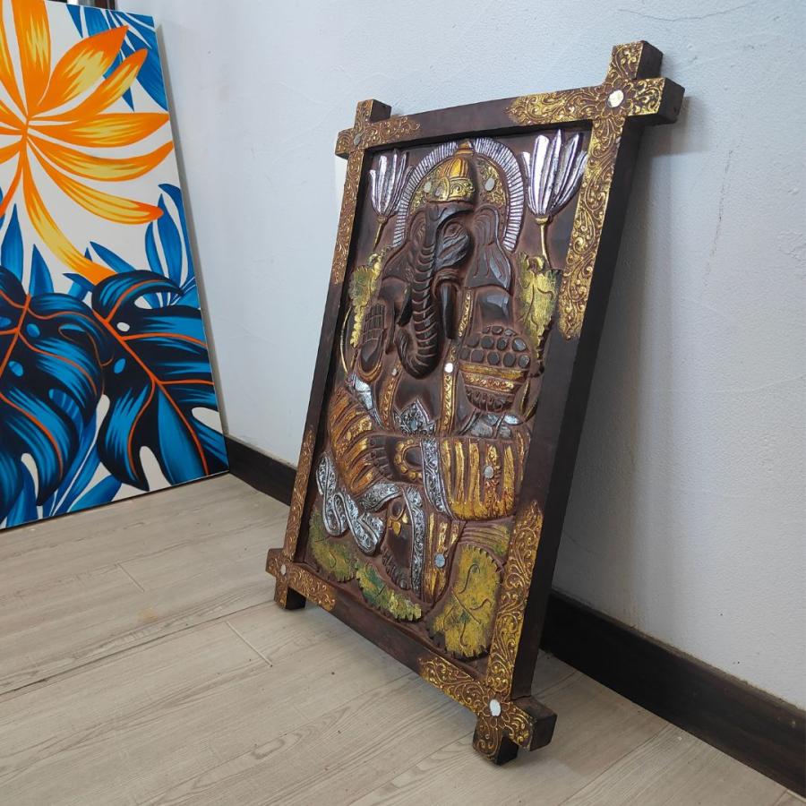 木製 レリーフ ガネーシャ 彫刻 パネル 40×60cm ブラック ブラウン