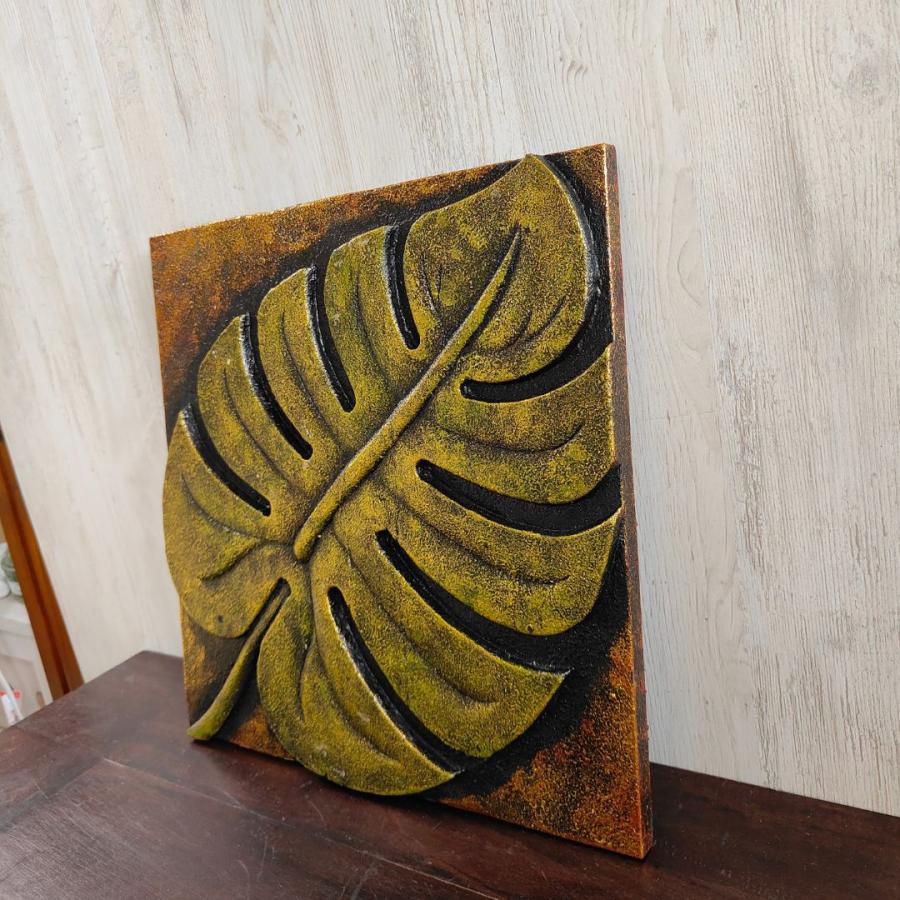 木製 アートパネル レリーフ モンステラ 葉 W50cm ゴールド 金