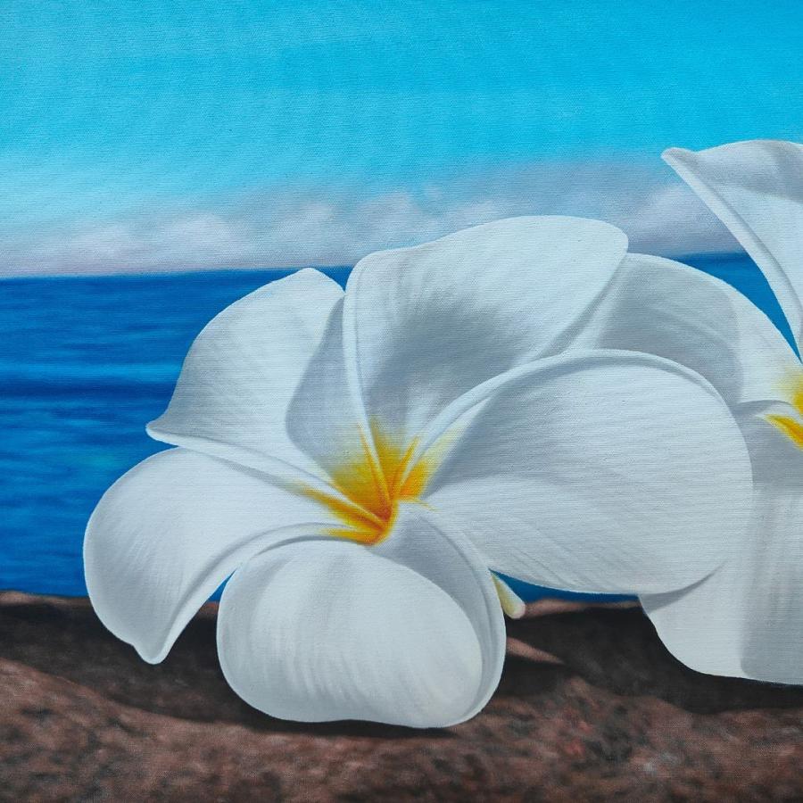 花の絵 ビーチ プルメリア 白 青 W100×H100cm フレームなし モダン