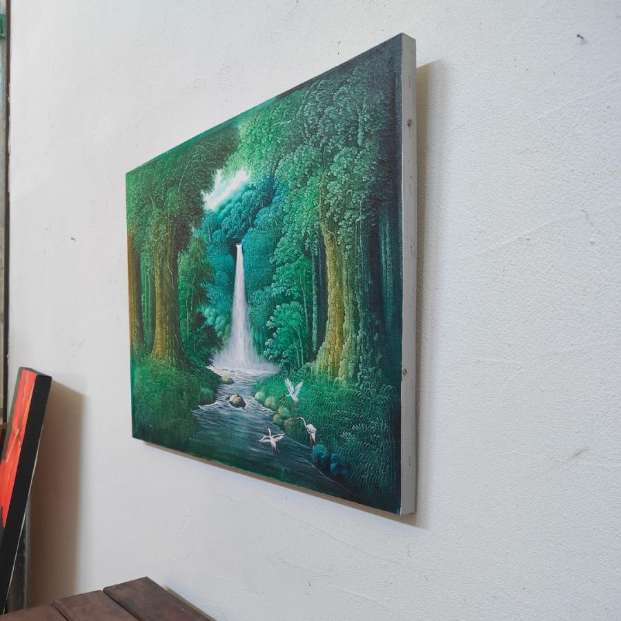 森の絵 滝の絵 森の滝 鳥の絵 フレームなし W80×H60cm 緑 グリーン