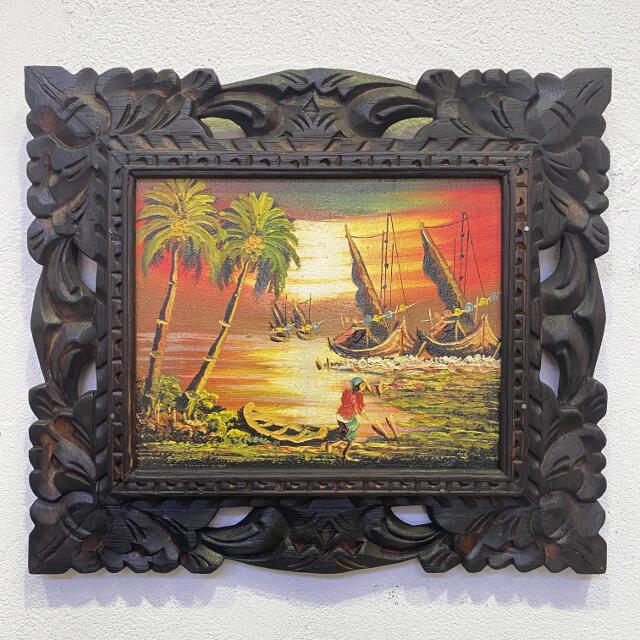 バリ絵画 風景画 朝の漁 サンライズ 38×33 朝焼け 2タイプ 額付き バリ