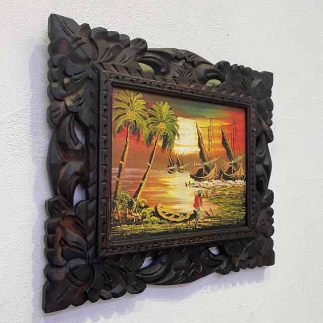バリ島モダンアート　額装　専用箱付き　2枚セット バリ絵画 風景画 朝の漁 サンライズ 38×33 朝焼け 2タイプ 額付き バリ