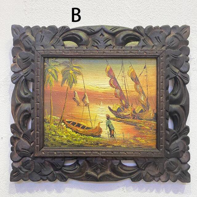 バリ絵画 風景画 朝の漁 サンライズ 38×33 朝焼け 2タイプ 額付き バリ