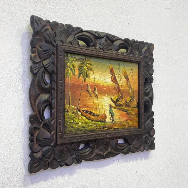バリ絵画 風景画 朝の漁 サンライズ 38×33 朝焼け 2タイプ 額付き バリ