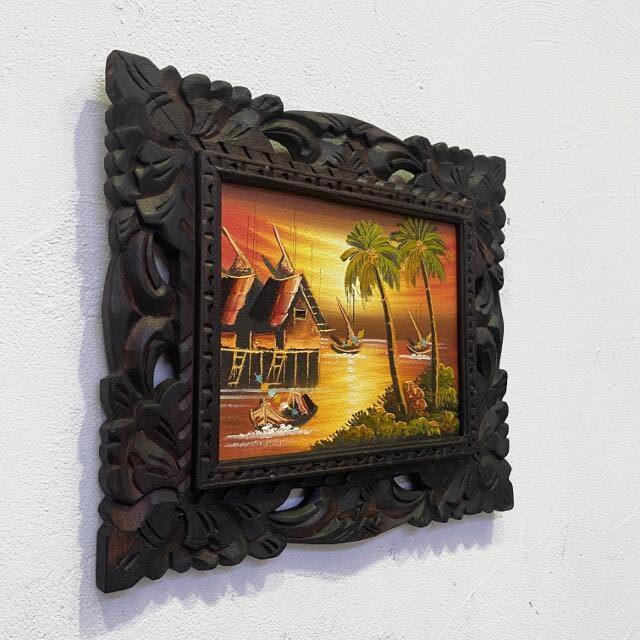 インテリア バリアート 風景絵画 壁掛けアート バリ絵画 風景画 海の上の家 漁 38×33 額付き 3タイプ サンセット バリ