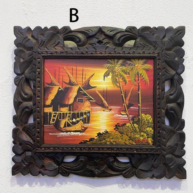 バリの風景 手描きアート 大きめ バリ絵画 風景画 海の上の家 漁 38×33 額付き 3タイプ サンセット バリ